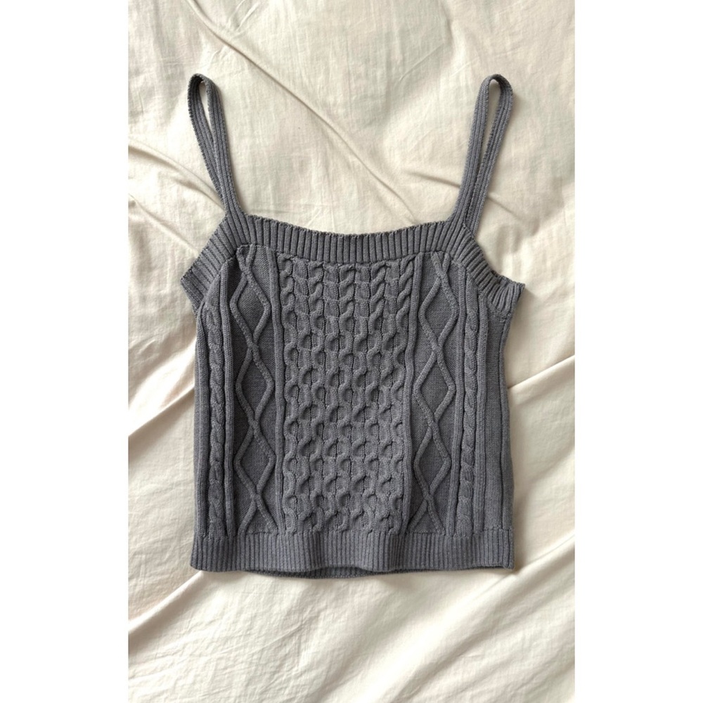ANTHROPOLOGIE GRAY CABLE KNIT TANK TOP Cropped Length Slim Fit Size-Large - Picture 3 of 9